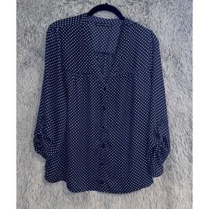 Zac & Rachel Navy White Polka Dot Button Up Long Sleeve Blouse Top